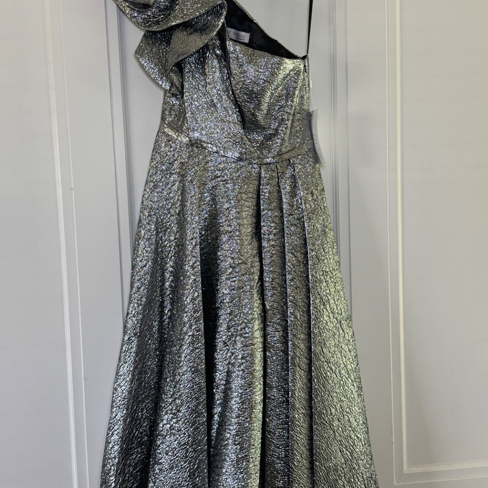 Mac Duggal Style #67906 One Shoulder Bow Midi Dress Brocade Metallic Silver - Picture 3 of 13